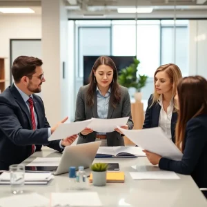 Financial professionals collaborating in an office space at Foster Group in Omaha