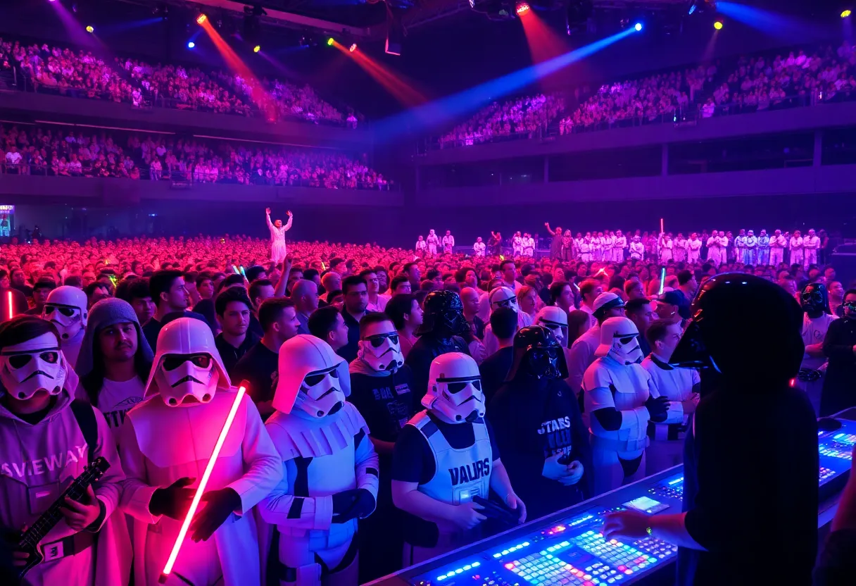 Crowd at Galactic Empire concert dressed in Star Wars costumes