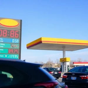 Gas station with prices displayed on signboards and cars refueling