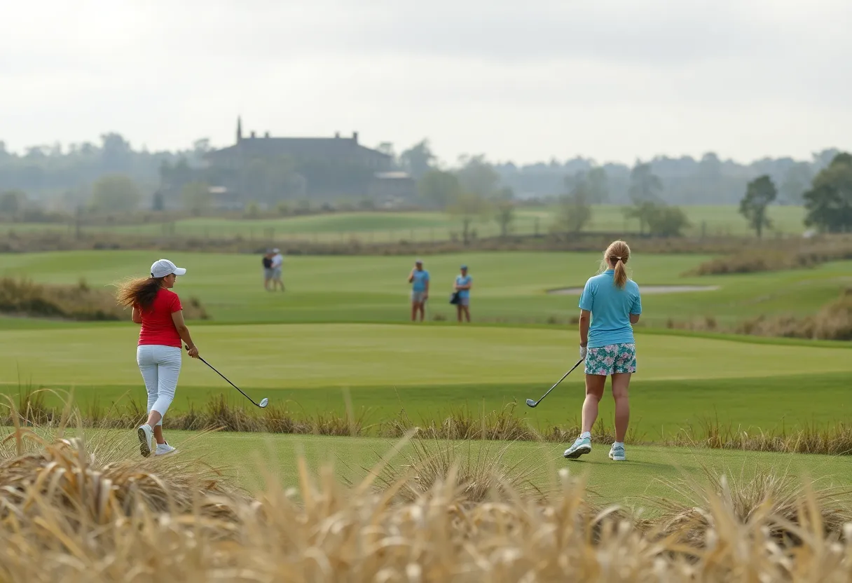 Girls participating in the Nebraska Girls State Golf Championships amidst windy conditions.