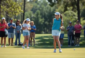 Young female athletes competing in the Girls State Golf Championships.