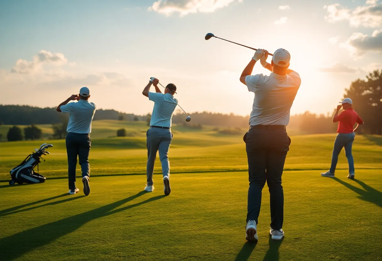 A view of golfers on a golf course during a competitive tournament.