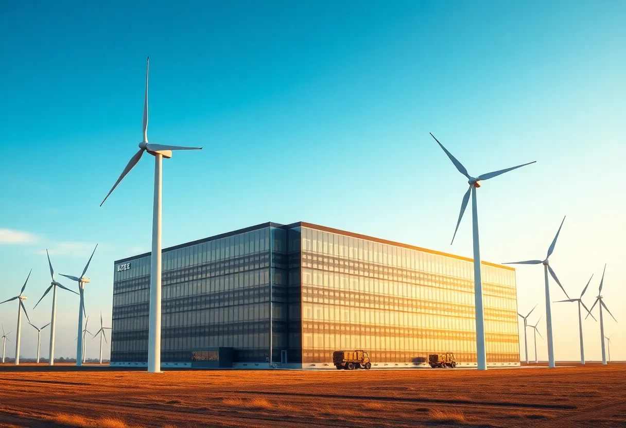 Exterior view of Google's new data center in Omaha with emphasis on renewable energy sources.