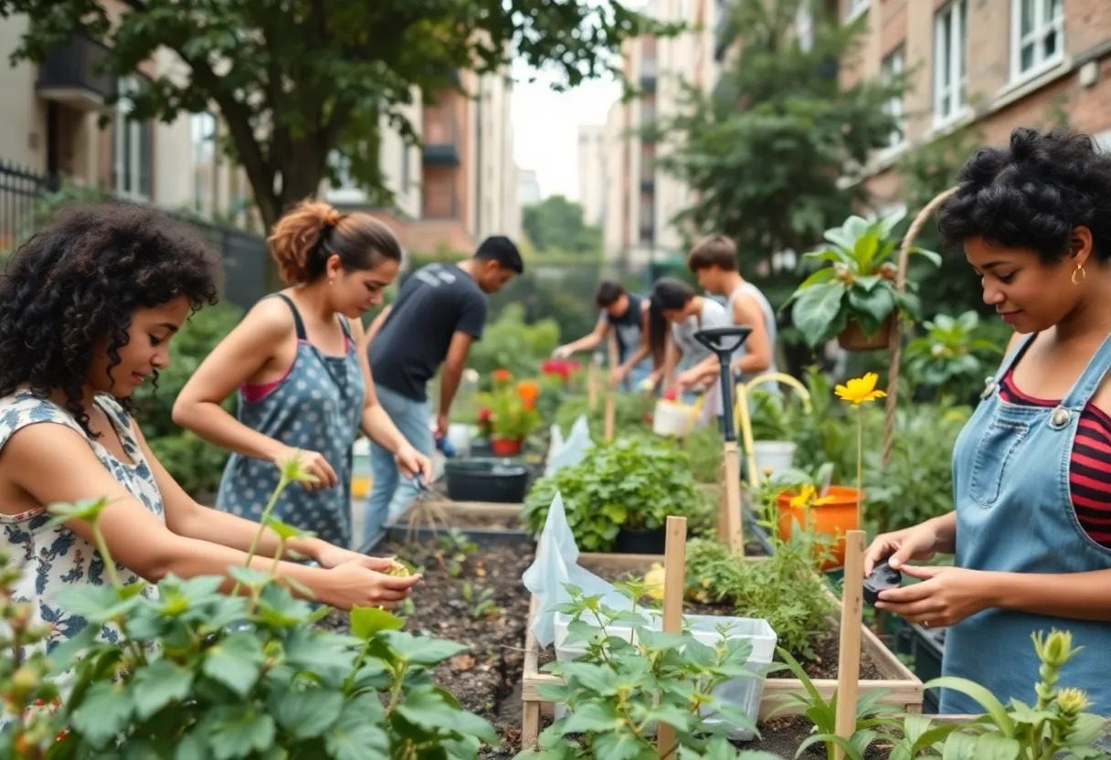 Community members gardening in an urban setting with tools and plants.