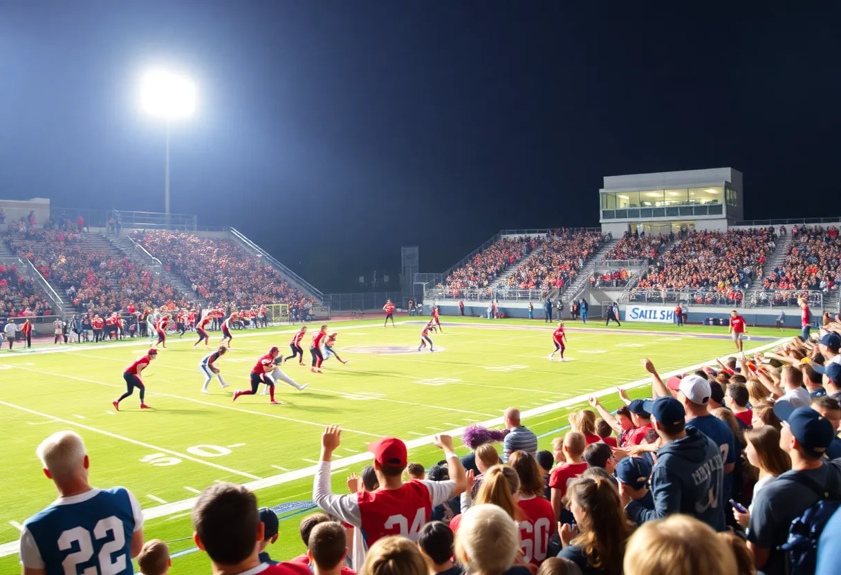 High school football game between Gretna East and Elkhorn North with cheering fans and players on the field.