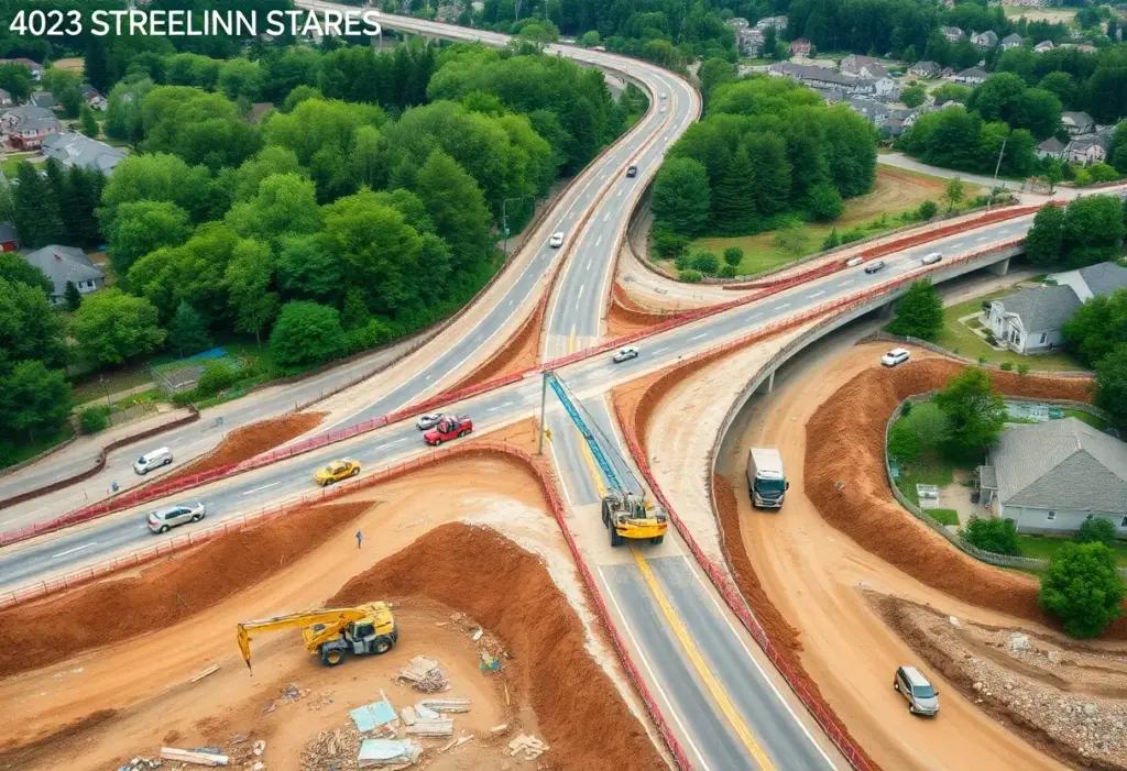 Construction workers at the I-80 interchange site in Gretna, Nebraska