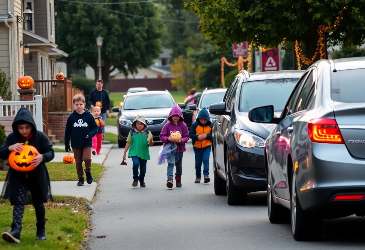 Children trick-or-treating safely in Omaha during Halloween with cars driving cautiously.