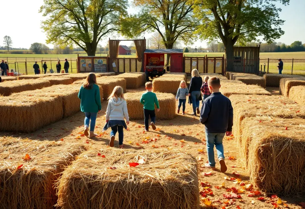 Families exploring a Halloween maze made of hay bales