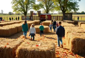 Families exploring a Halloween maze made of hay bales