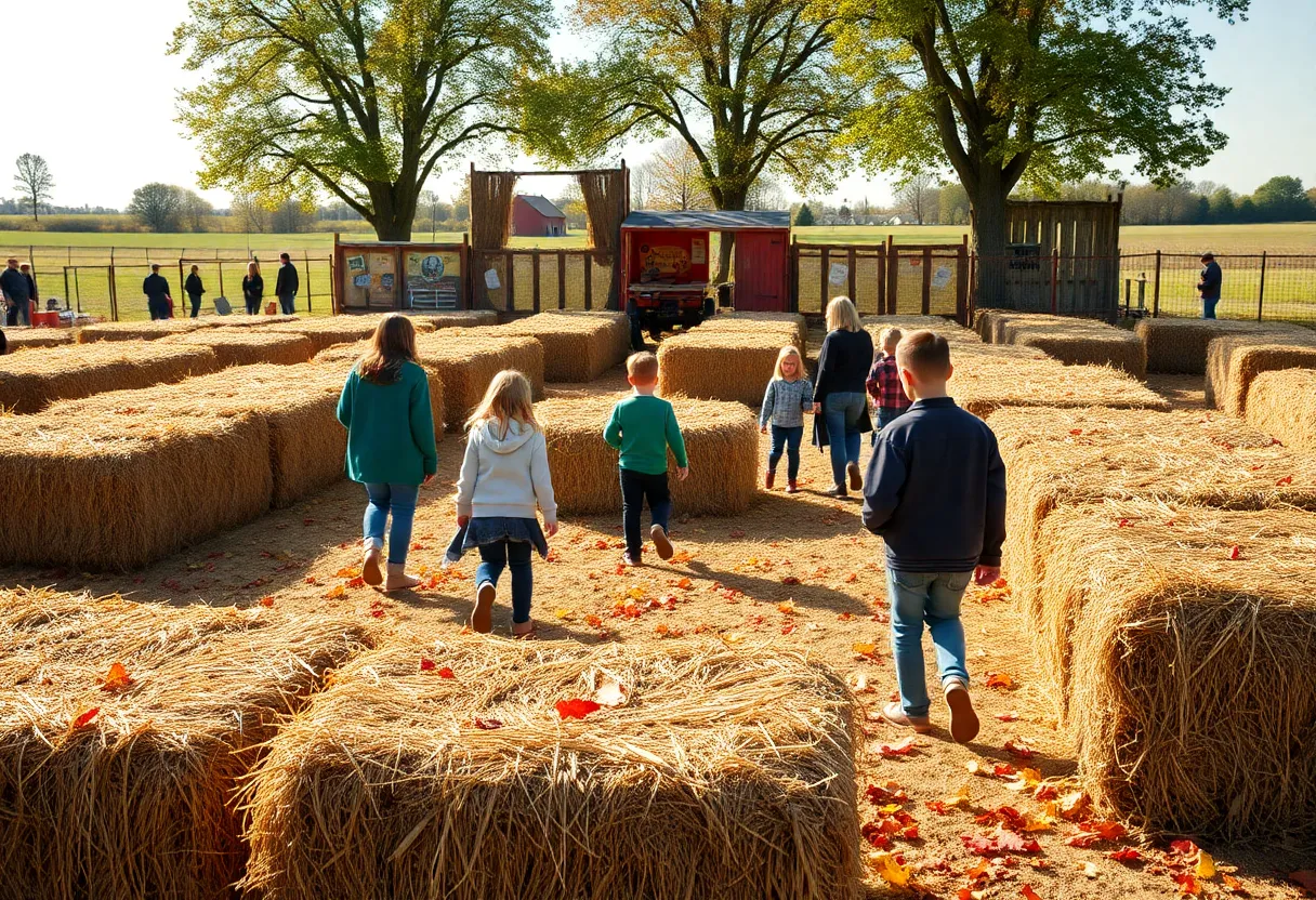Families exploring a Halloween maze made of hay bales