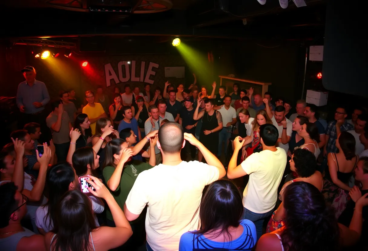 Happy Endings band performing live at The Waiting Room Lounge in Omaha with an engaged audience.