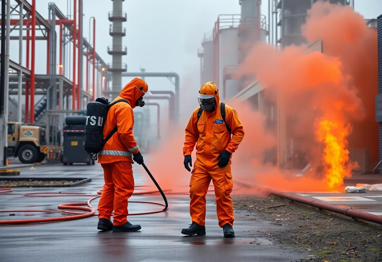 Emergency responders in protective gear addressing gas leak at cleaning solution plant