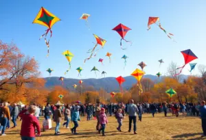 Families enjoying the Heartwood Preserve Kite Festival with colorful kites flying