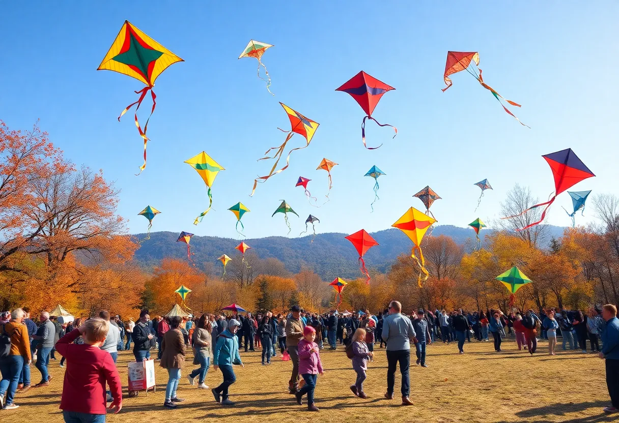 Families enjoying the Heartwood Preserve Kite Festival with colorful kites flying