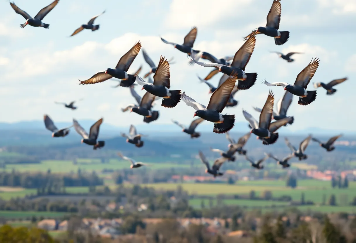A flock of homing pigeons flying during a racing event.