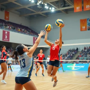 Nebraska Huskers volleyball players in action during a match.