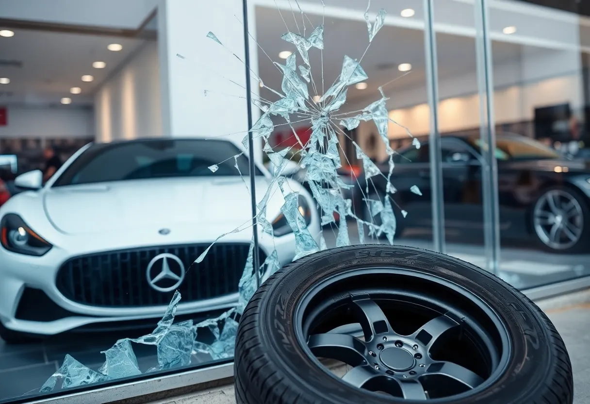 Shattered window at a Lexus dealership with a tire on the ground