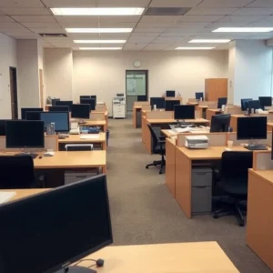 Office space at immigration services center with empty desks