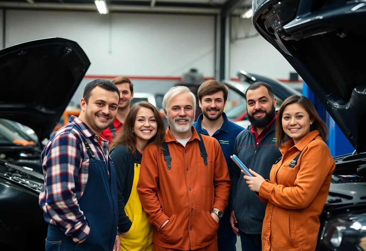 Employees working together in an inclusive automotive repair shop.