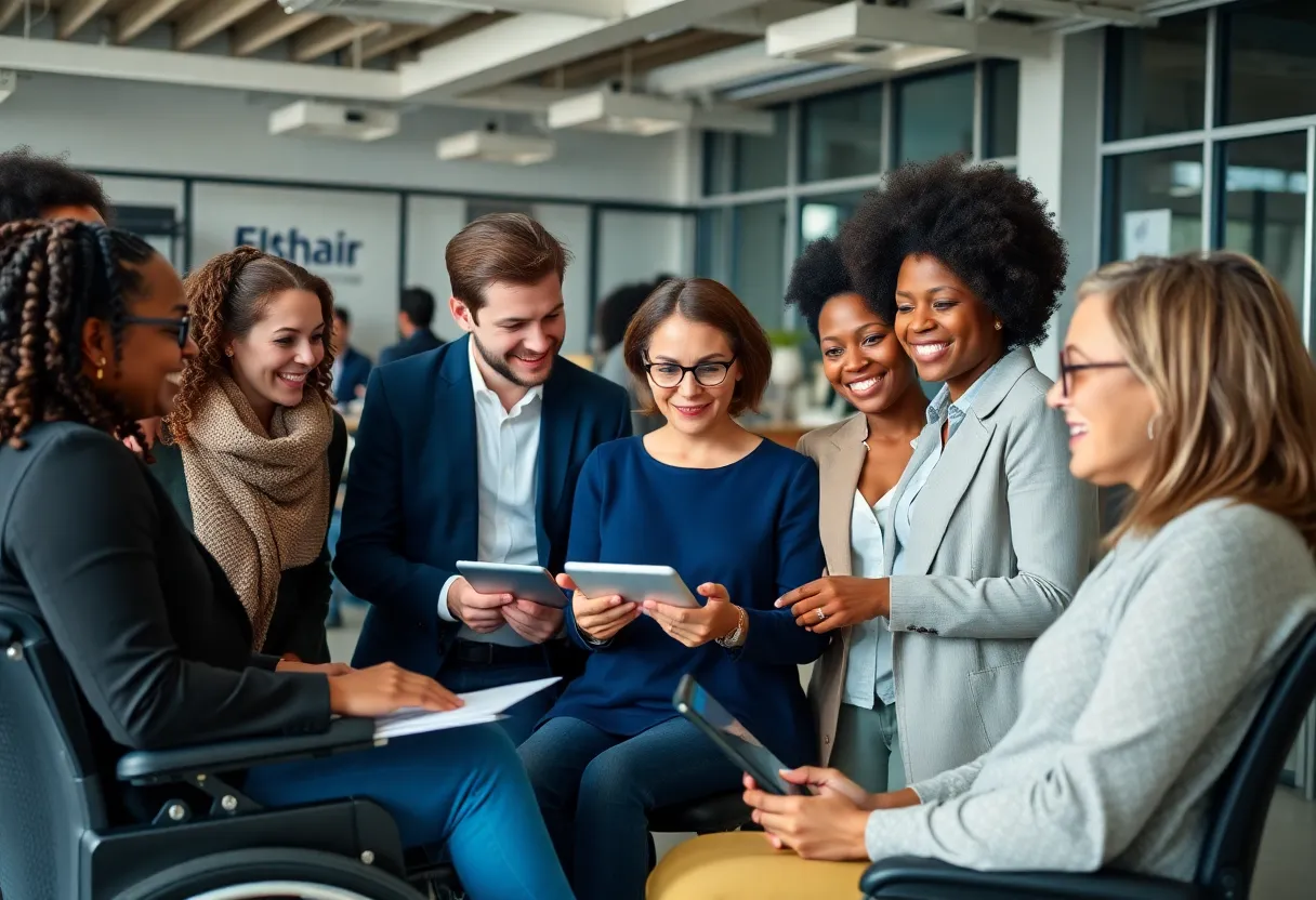 Diverse professionals collaborating in an accessible workplace