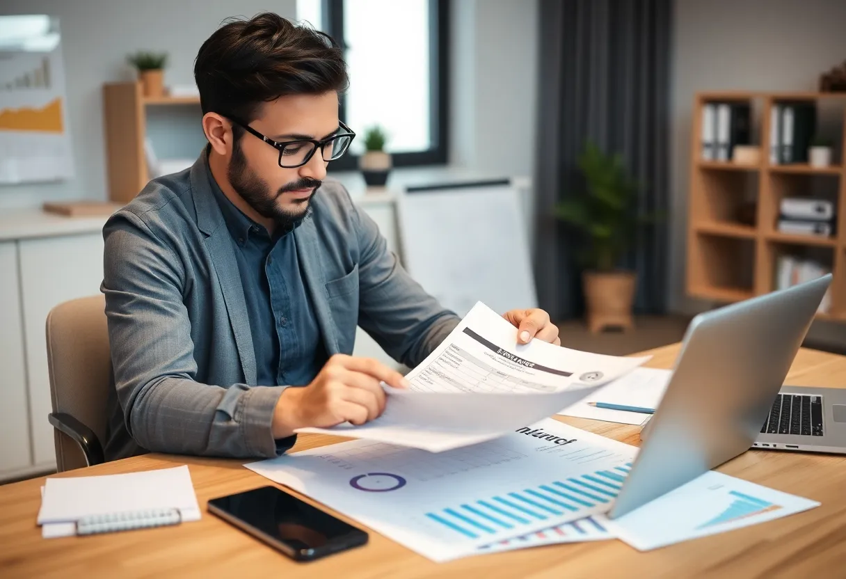 Small business owner reviewing insurance policies in an office