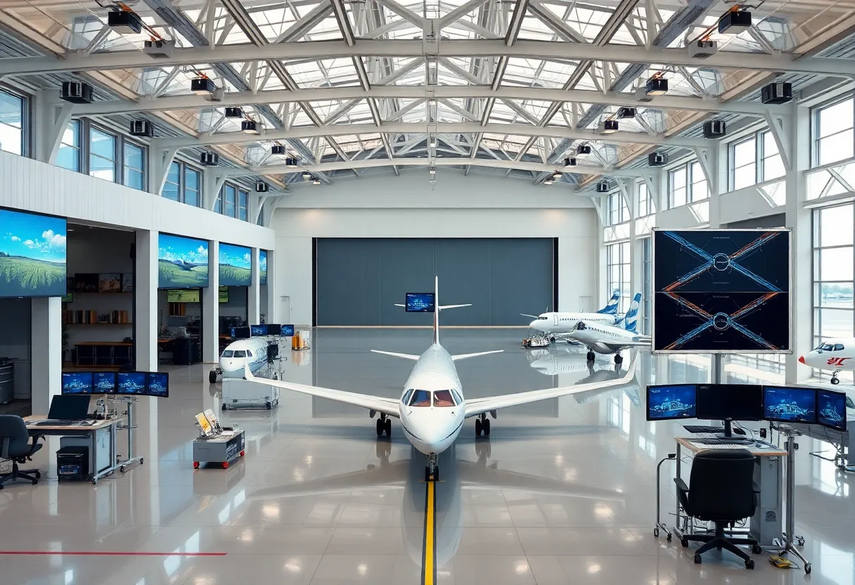 Modern aviation operations center with expanded hangars and airplanes