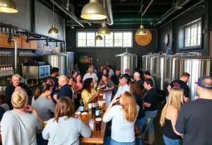 Interior of Kiewit Craft Beer taproom with customers and brewing equipment
