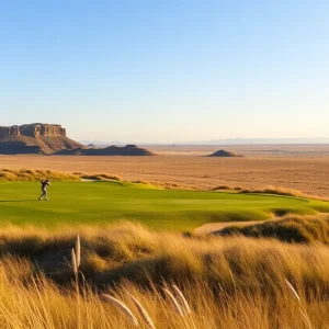 Scenic view of Landmand Golf Club with golf players in action.