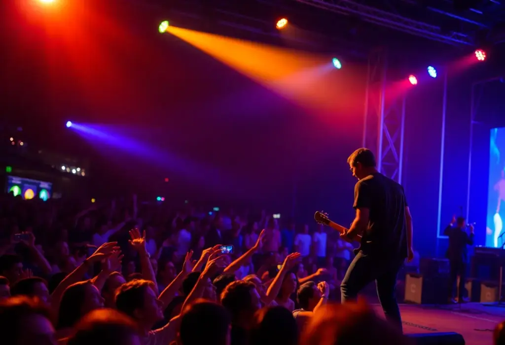 Lukas Nelson performing at a concert in Omaha with a lively crowd.