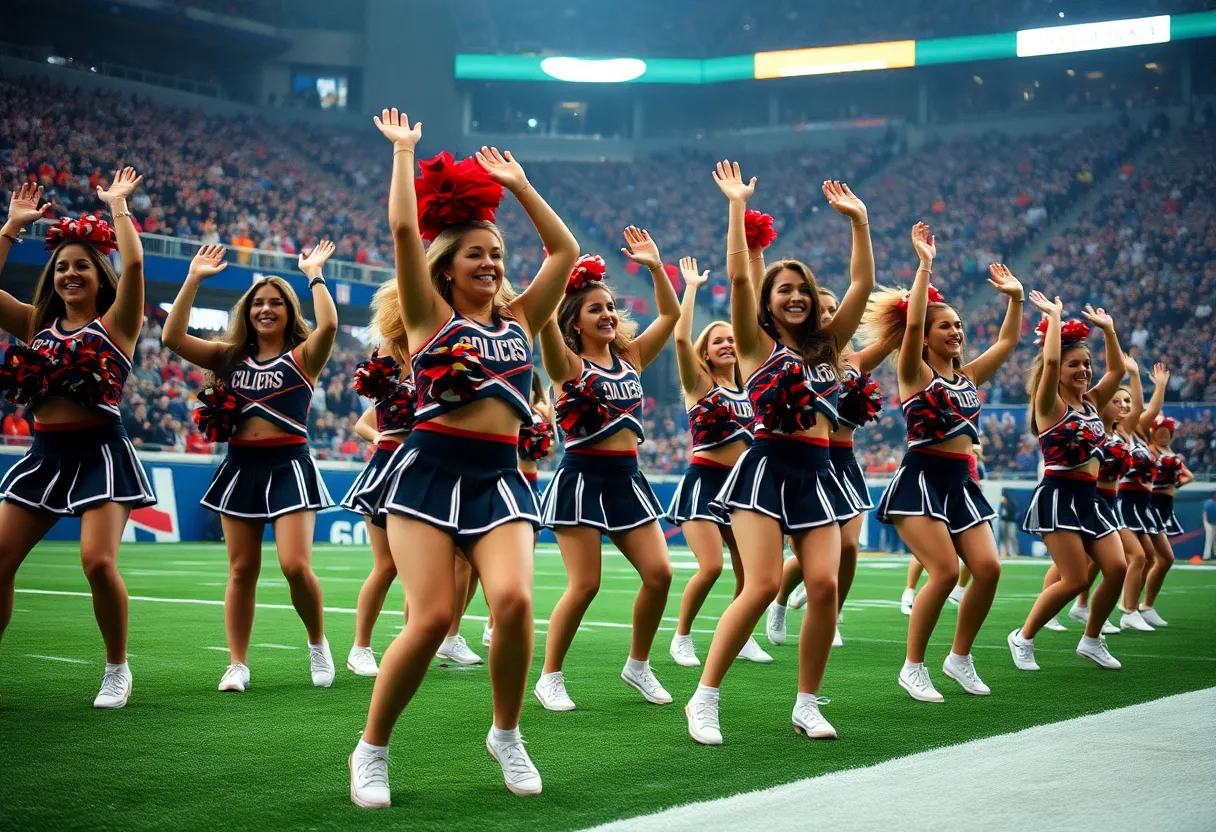 Cheerleaders perform at a Dallas Cowboys game with a packed stadium