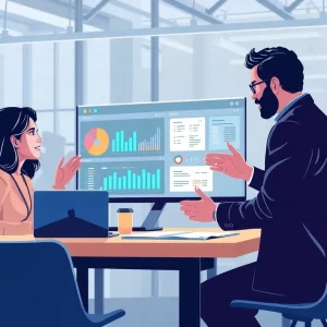 Illustration of small business owners engaging with client management tools