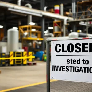 Closed manufacturing plant with a sign indicating investigation.