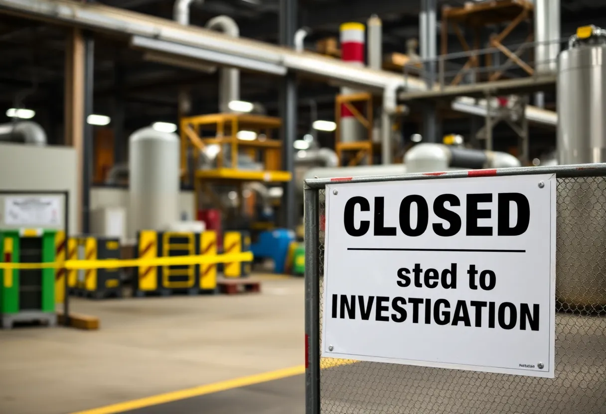 Closed manufacturing plant with a sign indicating investigation.
