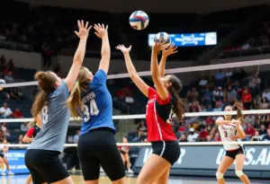 UNO women's volleyball team playing against North Dakota State