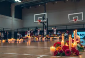 Memorial setup on a basketball court honoring Deng Mayar