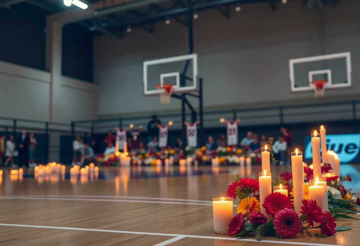 Memorial setup on a basketball court honoring Deng Mayar