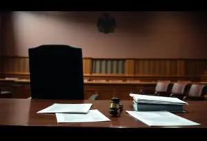 Courtroom setting depicting an empty chair symbolizing a mental health evaluation.