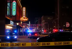 A crime scene at a bar in Midtown Omaha, with police activity and emergency vehicles.