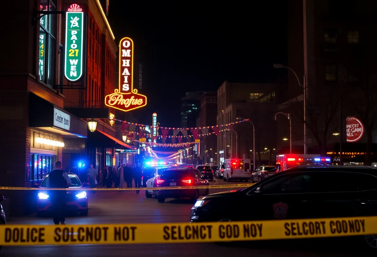 A crime scene at a bar in Midtown Omaha, with police activity and emergency vehicles.