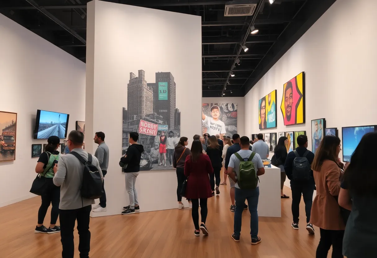 Visitors exploring the Midwest Visions art exhibit at Joslyn Art Museum.