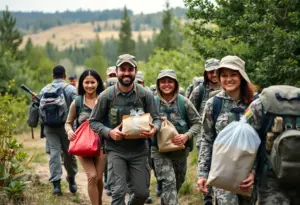 Military members from Offutt Air Force Base hiking and collecting food donations