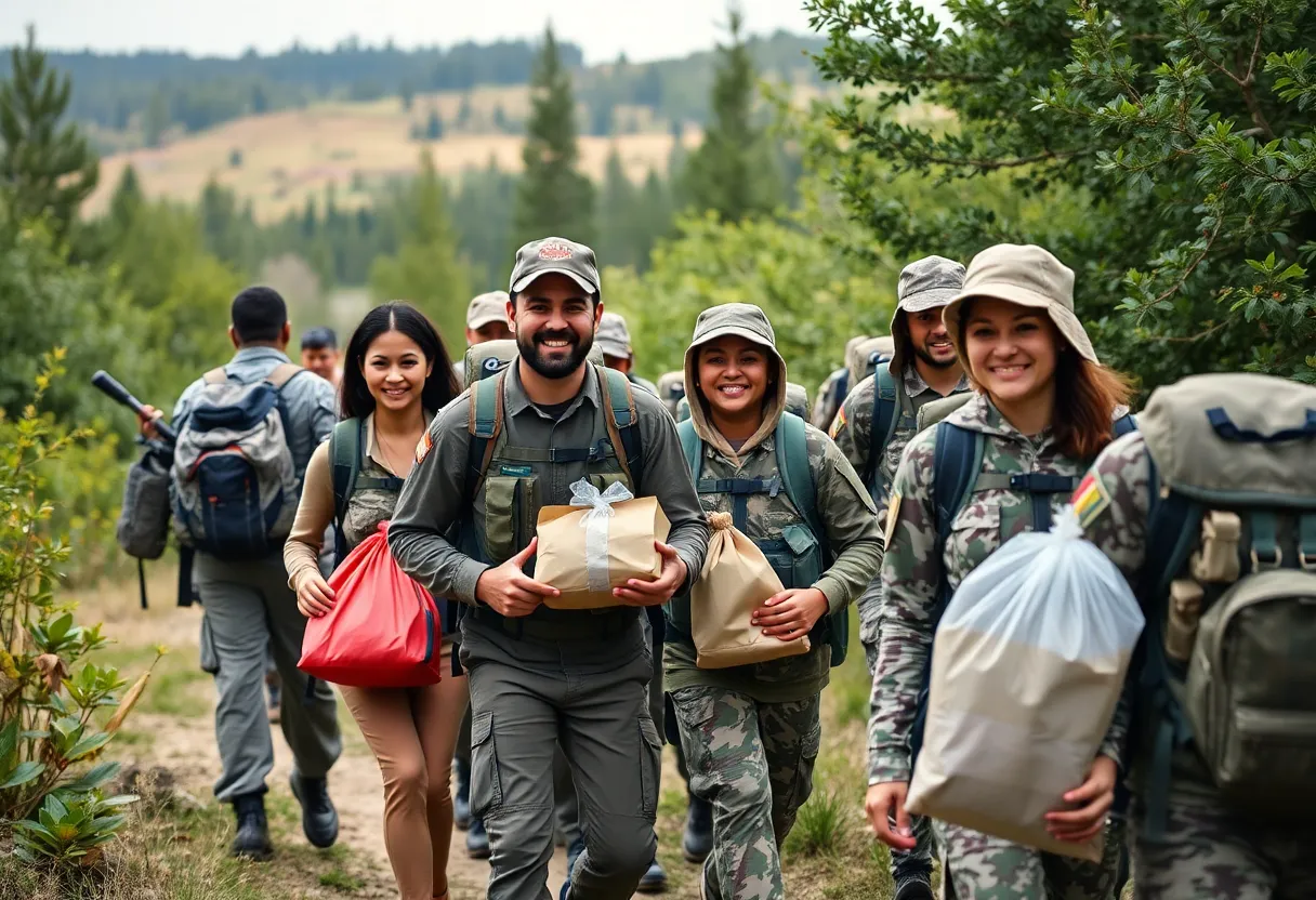Military members from Offutt Air Force Base hiking and collecting food donations
