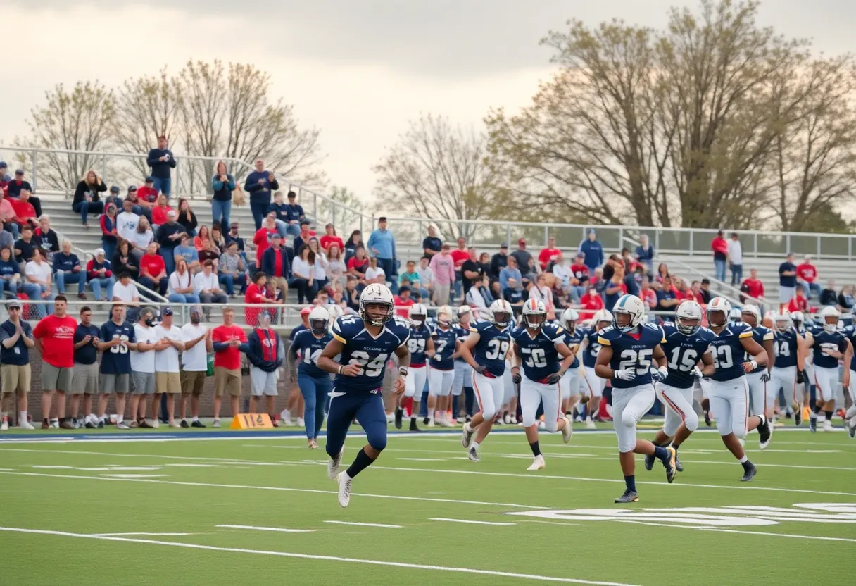 Millard South High School football team celebrating their win with fans cheering in the background.