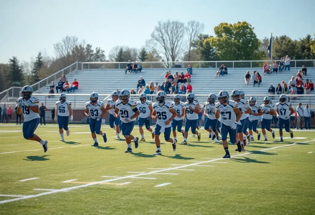 Millard South High School football team practicing with fans in background