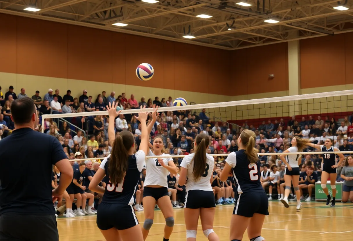 Millard South High School volleyball team celebrating their victory in the Metro Conference semifinals.