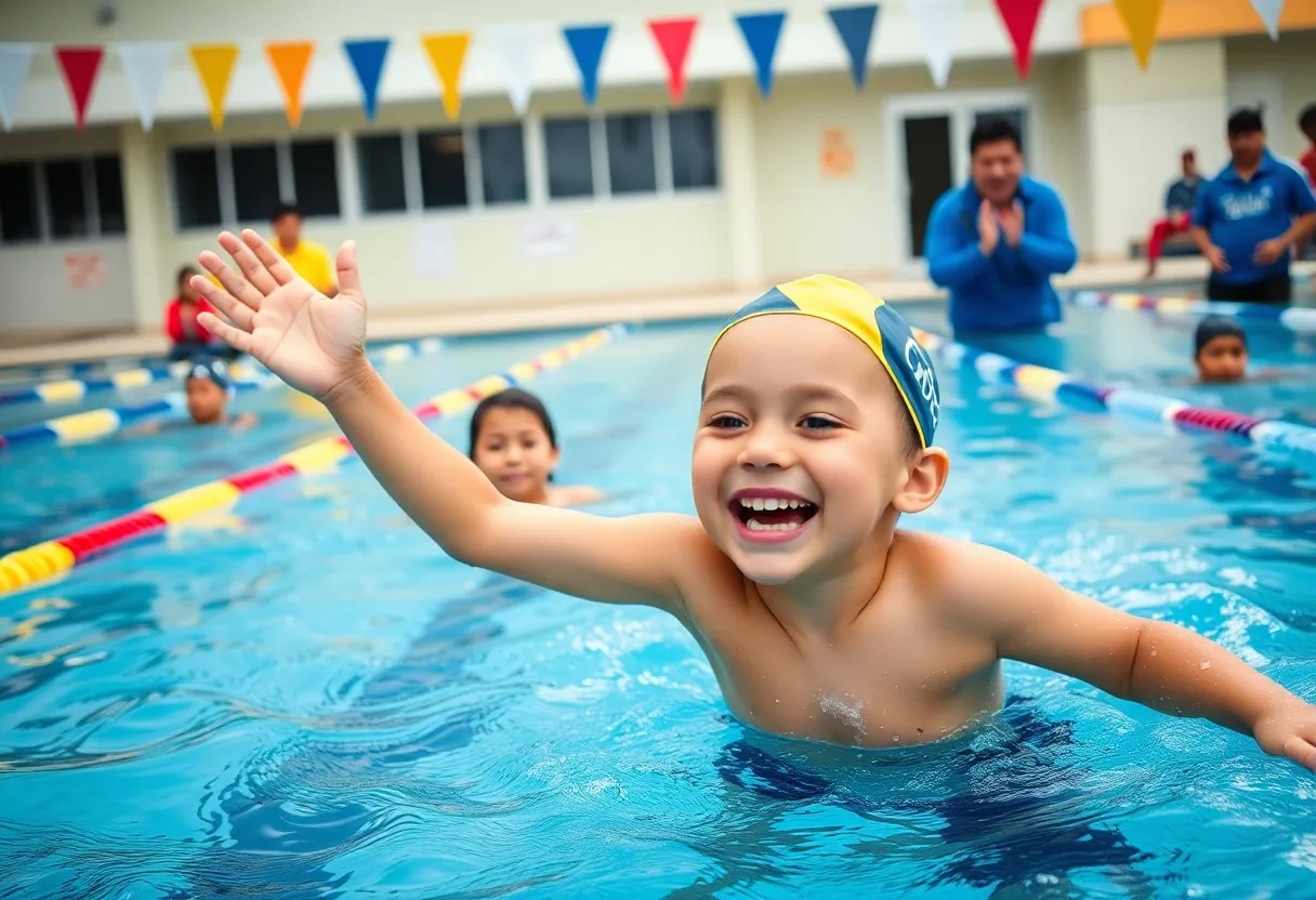 Celebration of a young swimmer's achievements at a school event