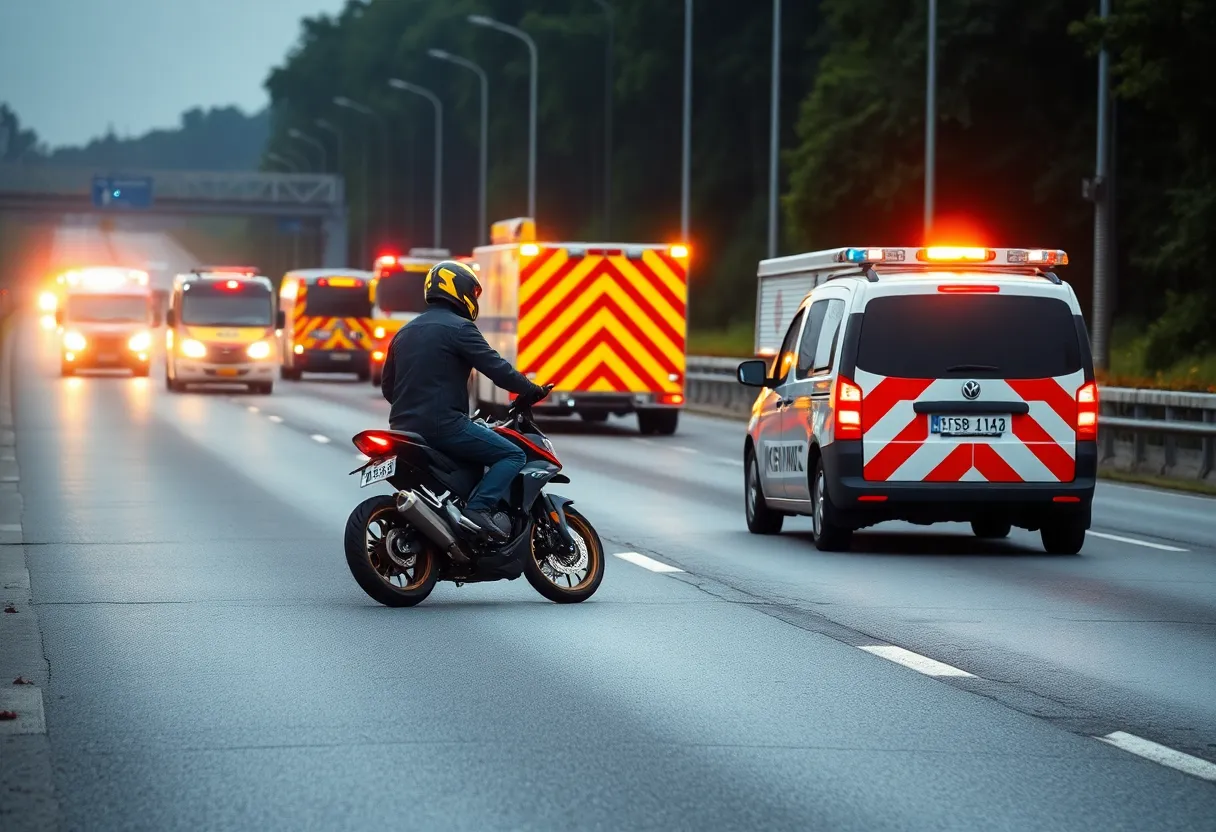 Scene of a motorcycle crash on Highway 275 with emergency responders present.