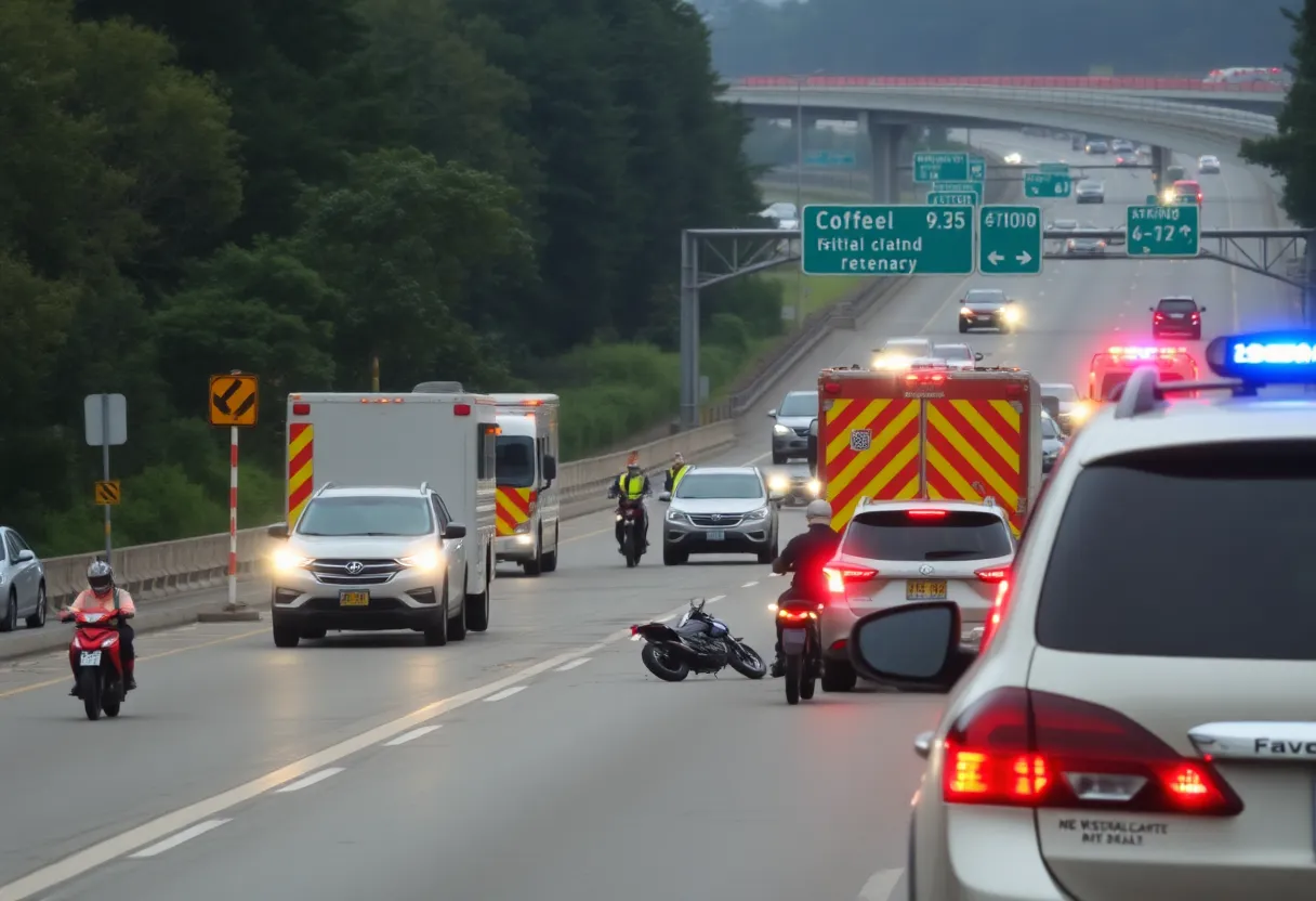 Scene of a motorcycle crash on Highway 92 with emergency responders attending to the situation.