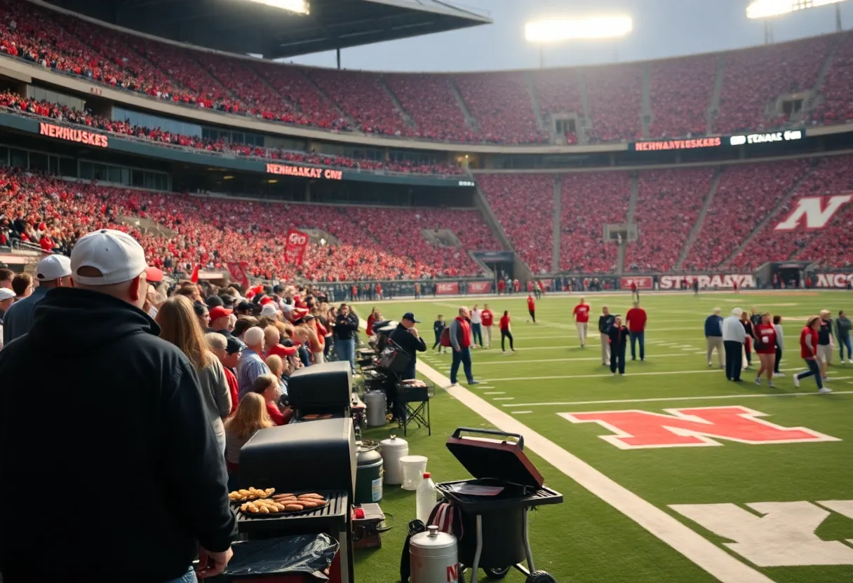 Fans cheering and tailgating at Memorial Stadium for the Nebraska Cornhuskers game