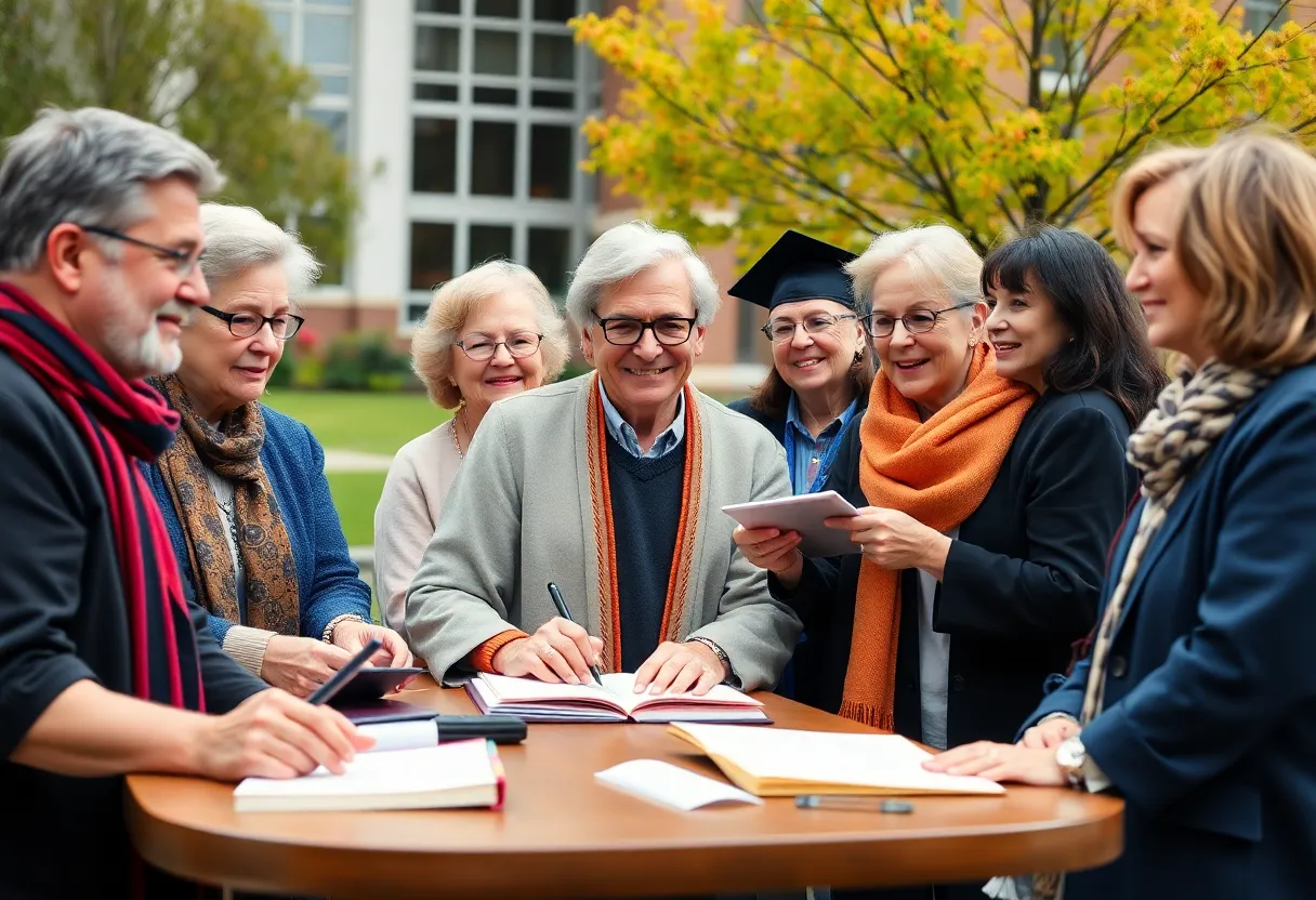 University faculty members engaged in educational activities on campus